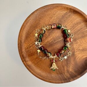 3/$20 Handmade Christmas Holiday Glass Beaded Jingle Bells Gold Star Bracelet